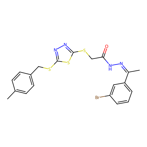 (Z)-N'-(1-(3-bromophenyl)ethylidene)-2-((5-((4-methylbenzyl)thio)-1,3,4-thiadiazol-2-yl)thio)acetohydrazide structure