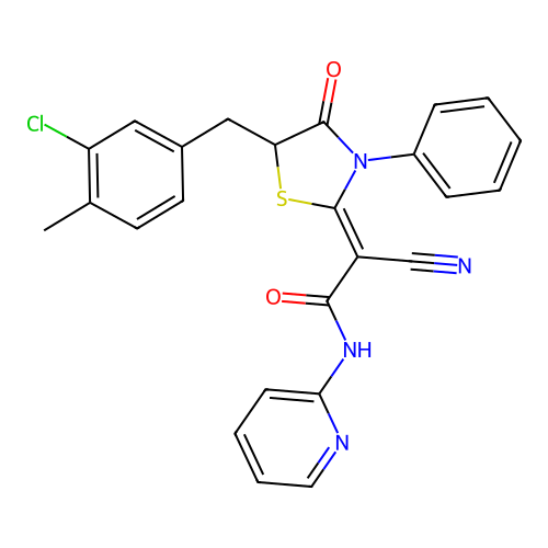 (2Z)-2-[5-(3-chloro-4-methylbenzyl)-4-oxo-3-phenyl-1,3-thiazolidin-2-ylidene]-2-cyano-N-(pyridin-2-yl)ethanamide structure