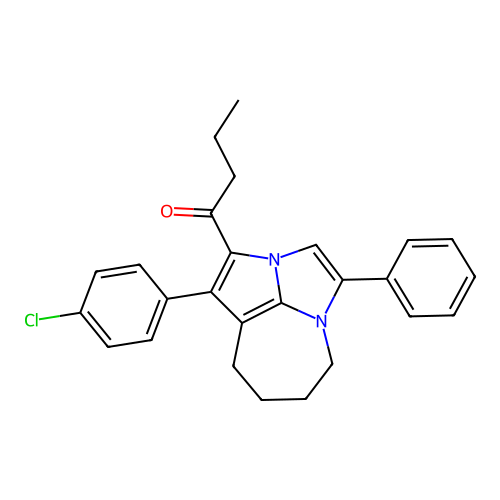 1-(1-(4-chlorophenyl)-4-phenyl-5,6,7,8-tetrahydro-2a,4a-diazacyclopenta[cd]azulen-2-yl)butan-1-one structure