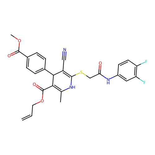 allyl 5-cyano-6-((2-((3,4-difluorophenyl)amino)-2-oxoethyl)thio)-4-(4-(methoxycarbonyl)phenyl)-2-methyl-1,4-dihydropyridine-3-carboxylate structure