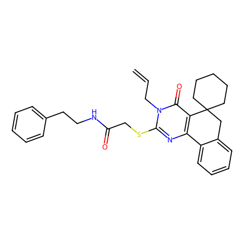 2-((3-allyl-4-oxo-4,6-dihydro-3H-spiro[benzo[h]quinazoline-5,1'-cyclohexan]-2-yl)thio)-N-phenethylacetamide structure