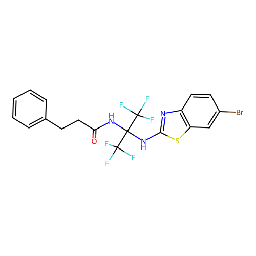 N-(2-((6-bromobenzo[d]thiazol-2-yl)amino)-1,1,1,3,3,3-hexafluoropropan-2-yl)-3-phenylpropanamide structure