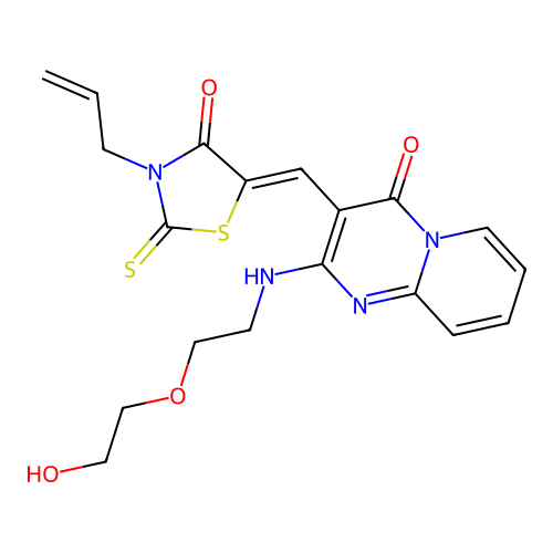 (5Z)-5-[[2-[2-(2-hydroxyethoxy)ethylamino]-4-oxopyrido[1,2-a]pyrimidin-3-yl]methylidene]-3-prop-2-enyl-2-sulfanylidene-1,3-thiazolidin-4-one structure