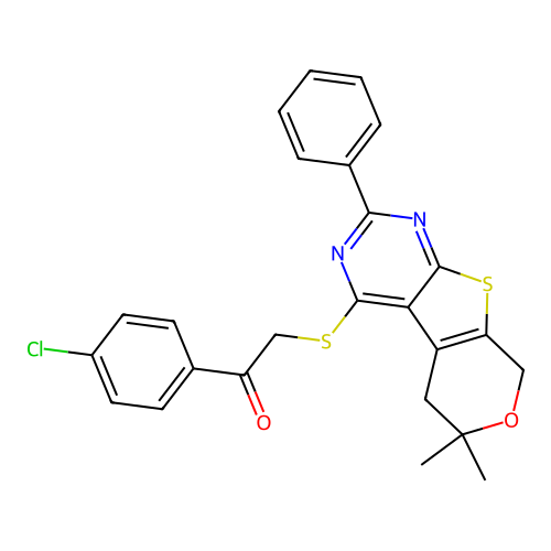 1-(4-chlorophenyl)-2-((6,6-dimethyl-2-phenyl-6,8-dihydro-5H-pyrano[4',3':4,5]thieno[2,3-d]pyrimidin-4-yl)thio)ethanone structure