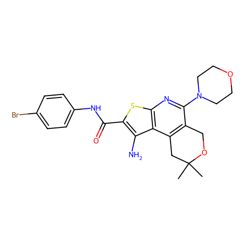 1-amino-N-(4-bromophenyl)-8,8-dimethyl-5-(morpholin-4-yl)-8,9-dihydro-6H-pyrano[4,3-d]thieno[2,3-b]pyridine-2-carboxamide structure