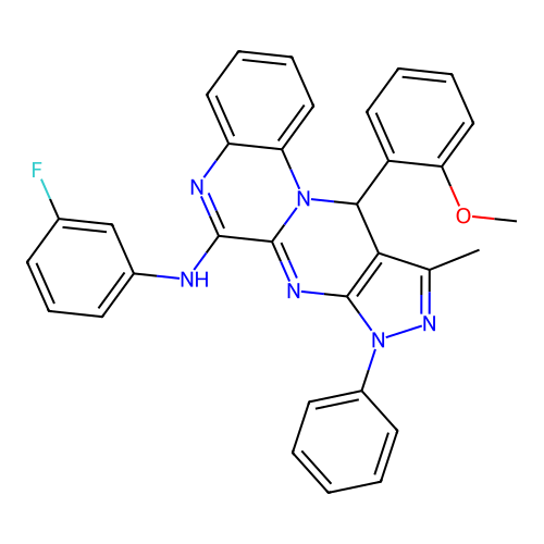 N-(3-fluorophenyl)-11-(2-methoxyphenyl)-10-methyl-8-phenyl-8,11-dihydropyrazolo[3',4':4,5]pyrimido[1,2-a]quinoxalin-6-amine structure
