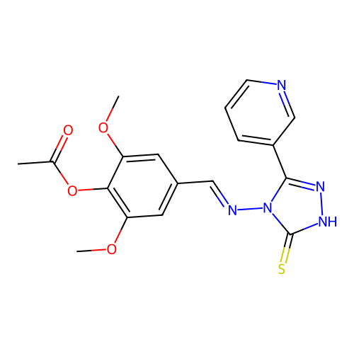 (E)-4-(((3-mercapto-5-(pyridin-3-yl)-4H-1,2,4-triazol-4-yl)imino)methyl)-2,6-dimethoxyphenyl acetate structure