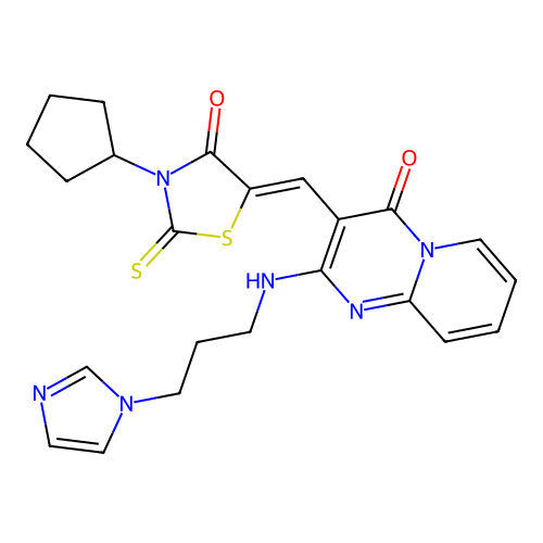 3-[(Z)-(3-cyclopentyl-4-oxo-2-thioxo-1,3-thiazolidin-5-ylidene)methyl]-2-{[3-(1H-imidazol-1-yl)propyl]amino}-4H-pyrido[1,2-a]pyrimidin-4-one structure
