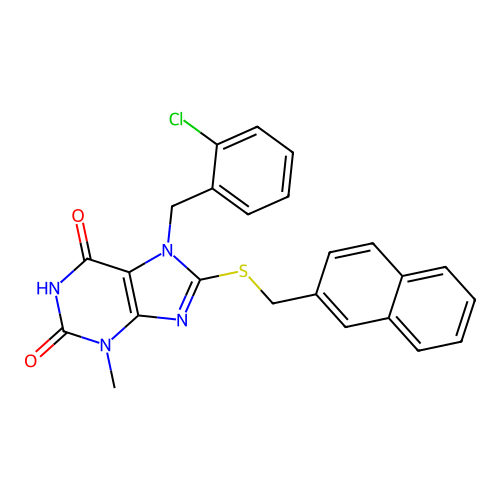 7-[(2-chlorophenyl)methyl]-3-methyl-8-(naphthalen-2-ylmethylsulfanyl)purine-2,6-dione structure