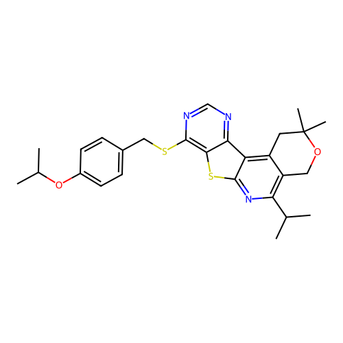 2,2-dimethyl-5-(propan-2-yl)-8-{[4-(propan-2-yloxy)benzyl]sulfanyl}-1,4-dihydro-2H-pyrano[4'',3'':4',5']pyrido[3',2':4,5]thieno[3,2-d]pyrimidine structure