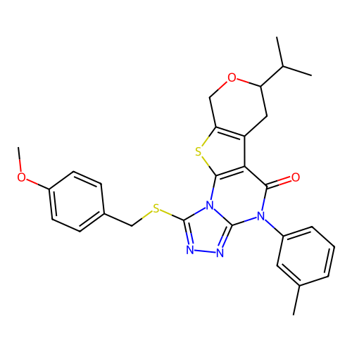 1-[(4-methoxybenzyl)sulfanyl]-4-(3-methylphenyl)-7-(propan-2-yl)-6,9-dihydro-7H-pyrano[4',3':4,5]thieno[3,2-e][1,2,4]triazolo[4,3-a]pyrimidin-5(4H)-one structure