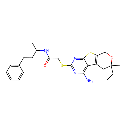 2-((4-amino-6-ethyl-6-methyl-6,8-dihydro-5H-pyrano[4',3':4,5]thieno[2,3-d]pyrimidin-2-yl)thio)-N-(4-phenylbutan-2-yl)acetamide structure