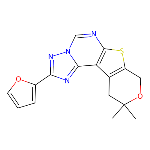 2-(furan-2-yl)-10,10-dimethyl-10,11-dihydro-8H-pyrano[4',3':4,5]thieno[3,2-e][1,2,4]triazolo[1,5-c]pyrimidine structure