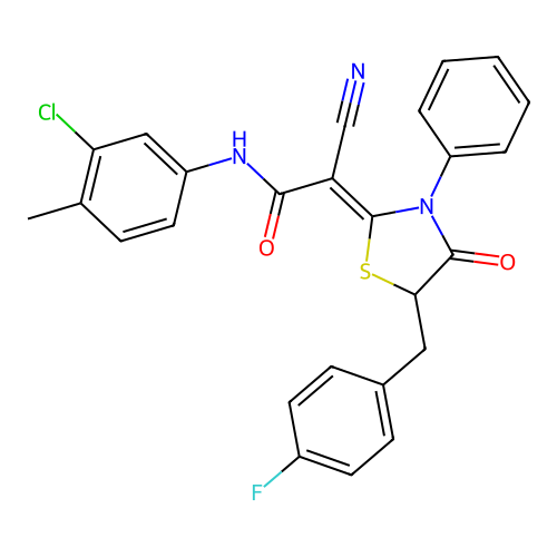 (Z)-N-(3-chloro-4-methylphenyl)-2-cyano-2-(5-(4-fluorobenzyl)-4-oxo-3-phenylthiazolidin-2-ylidene)acetamide structure