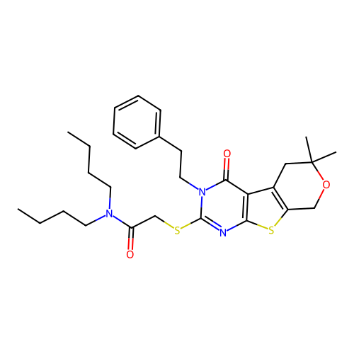 N,N-dibutyl-2-((6,6-dimethyl-4-oxo-3-phenethyl-4,5,6,8-tetrahydro-3H-pyrano[4',3':4,5]thieno[2,3-d]pyrimidin-2-yl)thio)acetamide structure