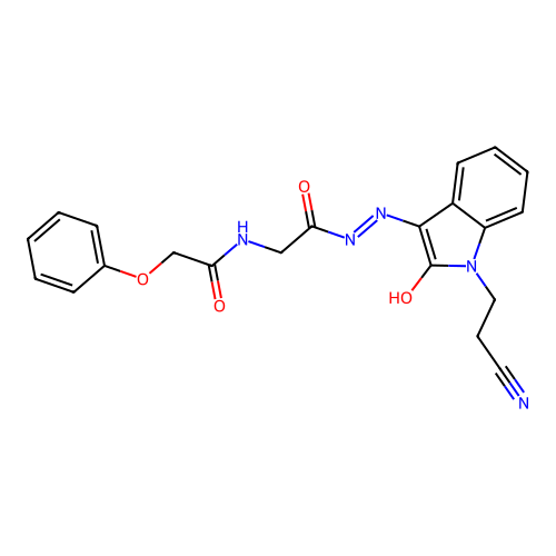 N-[(E)-[1-(2-cyanoethyl)-2-oxoindol-3-ylidene]amino]-2-[(2-phenoxyacetyl)amino]acetamide structure