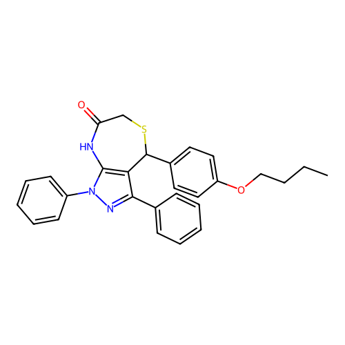 2-(4-butoxyphenyl)-8,10-diphenyl-3-thia-6,8,9-triazabicyclo[5.3.0]deca-6,10-dien-5-one structure