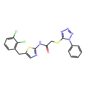 N-[5-(2,3-dichlorobenzyl)-1,3-thiazol-2-yl]-2-[(1-phenyl-1H-tetrazol-5-yl)thio]acetamide structure