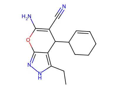6-amino-4-cyclohex-2-en-1-yl-3-ethyl-2,4-dihydropyrano[2,3-c]pyrazole-5-carbonitrile structure