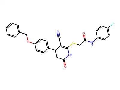 2-[[5-cyano-2-oxo-4-(4-phenylmethoxyphenyl)-3,4-dihydro-1H-pyridin-6-yl]sulfanyl]-N-(4-fluorophenyl)acetamide structure