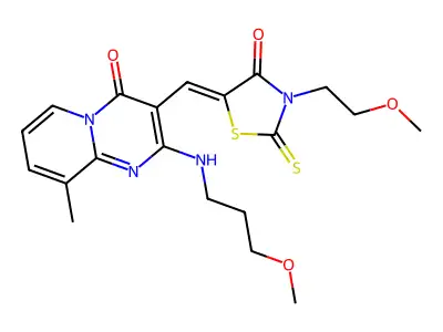 3-{(Z)-[3-(2-methoxyethyl)-4-oxo-2-thioxo-1,3-thiazolidin-5-ylidene]methyl}-2-[(3-methoxypropyl)amino]-9-methyl-4H-pyrido[1,2-a]pyrimidin-4-one structure