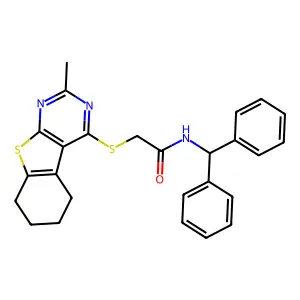 N-(diphenylmethyl)-2-[(2-methyl-5,6,7,8-tetrahydro[1]benzothieno[2,3-d]pyrimidin-4-yl)sulfanyl]acetamide structure