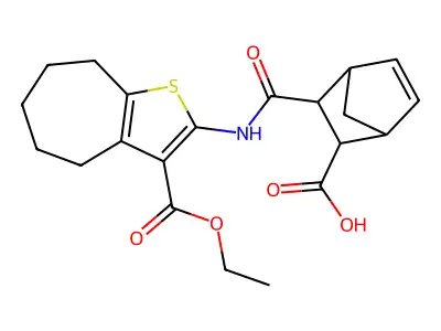 3-{[3-(ethoxycarbonyl)-5,6,7,8-tetrahydro-4H-cyclohepta[b]thiophen-2-yl]carbamoyl}bicyclo[2.2.1]hept-5-ene-2-carboxylic acid structure