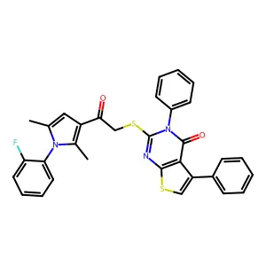 2-({2-[1-(2-fluorophenyl)-2,5-dimethyl-1H-pyrrol-3-yl]-2-oxoethyl}sulfanyl)-3,5-diphenyl-3H,4H-thieno[2,3-d]pyrimidin-4-one structure