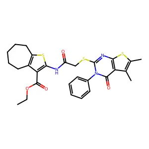 ethyl 2-[2-({5,6-dimethyl-4-oxo-3-phenyl-3H,4H-thieno[2,3-d]pyrimidin-2-yl}sulfanyl)acetamido]-4H,5H,6H,7H,8H-cyclohepta[b]thiophene-3-carboxylate structure