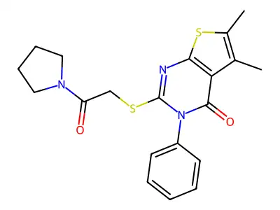 5,6-dimethyl-2-{[2-oxo-2-(pyrrolidin-1-yl)ethyl]sulfanyl}-3-phenyl-3H,4H-thieno[2,3-d]pyrimidin-4-one structure