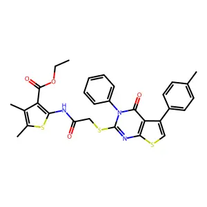 ethyl 4,5-dimethyl-2-(2-((4-oxo-3-phenyl-5-(p-tolyl)-3,4-dihydrothieno[2,3-d]pyrimidin-2-yl)thio)acetamido)thiophene-3-carboxylate structure