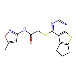 2-((6,7-dihydro-5H-cyclopenta[4,5]thieno[2,3-d]pyrimidin-4-yl)thio)-N-(5-methylisoxazol-3-yl)acetamide structure