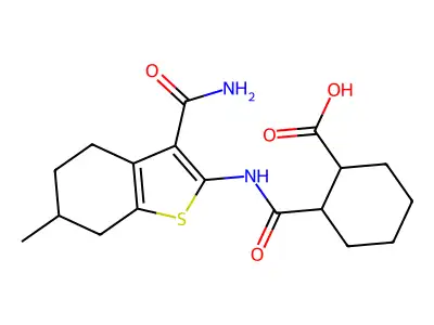 2-({[3-(aminocarbonyl)-6-methyl-4,5,6,7-tetrahydro-1-benzothien-2-yl]amino}carbonyl)cyclohexanecarboxylic acid structure