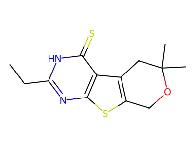 2-ethyl-6,6-dimethyl-3,5,6,8-tetrahydro-4H-pyrano[4',3':4,5]thieno[2,3-d]pyrimidine-4-thione structure