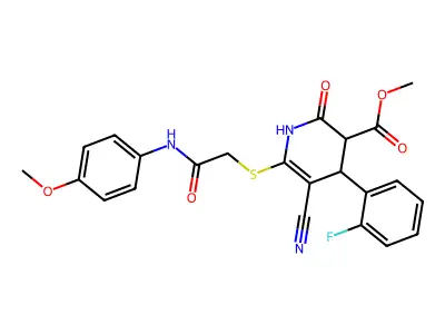 methyl 5-cyano-4-(2-fluorophenyl)-6-[2-(4-methoxyanilino)-2-oxoethyl]sulfanyl-2-oxo-3,4-dihydro-1H-pyridine-3-carboxylate structure