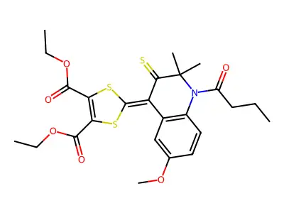 diethyl 2-(1-butanoyl-6-methoxy-2,2-dimethyl-3-thioxo-2,3-dihydroquinolin-4(1H)-ylidene)-1,3-dithiole-4,5-dicarboxylate structure
