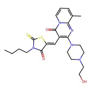3-[(Z)-(3-butyl-4-oxo-2-thioxo-1,3-thiazolidin-5-ylidene)methyl]-2-[4-(2-hydroxyethyl)piperazin-1-yl]-9-methyl-4H-pyrido[1,2-a]pyrimidin-4-one structure