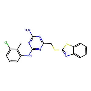 6-(Benzothiazol-2-ylsulfanylmethyl)-N-(3-chloro-2-methyl-phenyl)-[1,3,5]triazine-2,4-diamine structure