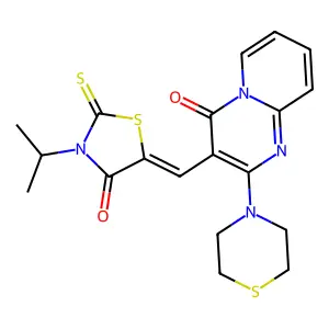 3-{(Z)-[4-oxo-3-(propan-2-yl)-2-thioxo-1,3-thiazolidin-5-ylidene]methyl}-2-(thiomorpholin-4-yl)-4H-pyrido[1,2-a]pyrimidin-4-one structure