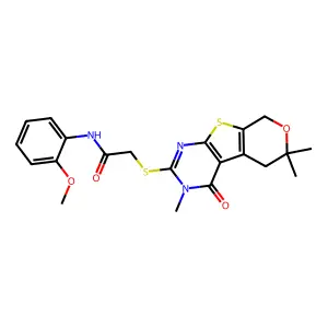 N-(2-methoxyphenyl)-2-((3,6,6-trimethyl-4-oxo-4,5,6,8-tetrahydro-3H-pyrano[4',3':4,5]thieno[2,3-d]pyrimidin-2-yl)thio)acetamide structure