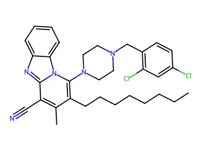 1-(4-(2,4-dichlorobenzyl)piperazin-1-yl)-3-methyl-2-octylbenzo[4,5]imidazo[1,2-a]pyridine-4-carbonitrile structure