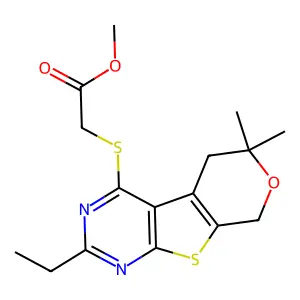 methyl [(2-ethyl-6,6-dimethyl-5,8-dihydro-6H-pyrano[4',3':4,5]thieno[2,3-d]pyrimidin-4-yl)sulfanyl]acetate structure