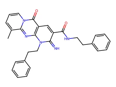 2-imino-10-methyl-5-oxo-N,1-bis(2-phenylethyl)-1,5-dihydro-2H-dipyrido[1,2-a:2',3'-d]pyrimidine-3-carboxamide structure