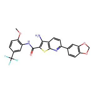 3-amino-6-(1,3-benzodioxol-5-yl)-N-[2-methoxy-5-(trifluoromethyl)phenyl]thieno[2,3-b]pyridine-2-carboxamide structure