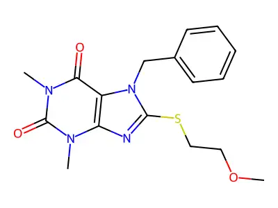 7-benzyl-8-((2-methoxyethyl)thio)-1,3-dimethyl-1H-purine-2,6(3H,7H)-dione structure