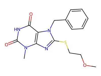 7-benzyl-8-((2-methoxyethyl)thio)-3-methyl-1H-purine-2,6(3H,7H)-dione structure