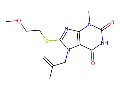 8-((2-methoxyethyl)thio)-3-methyl-7-(2-methylallyl)-1H-purine-2,6(3H,7H)-dione structure