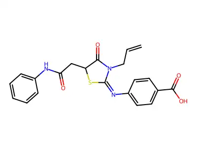 (E)-4-((3-allyl-4-oxo-5-(2-oxo-2-(phenylamino)ethyl)thiazolidin-2-ylidene)amino)benzoic acid structure