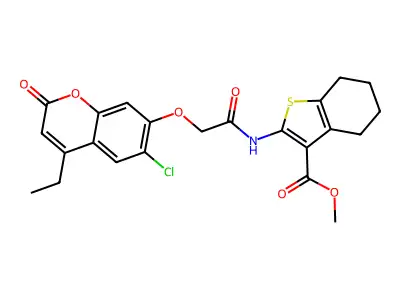 methyl 2-{2-[(6-chloro-4-ethyl-2-oxo-2H-chromen-7-yl)oxy]acetamido}-4,5,6,7-tetrahydro-1-benzothiophene-3-carboxylate structure