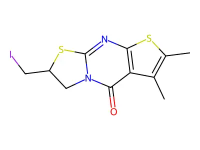 2-(iodomethyl)-6,7-dimethyl-2H-thiazolo[3,2-a]thieno[2,3-d]pyrimidin-5(3H)-one structure